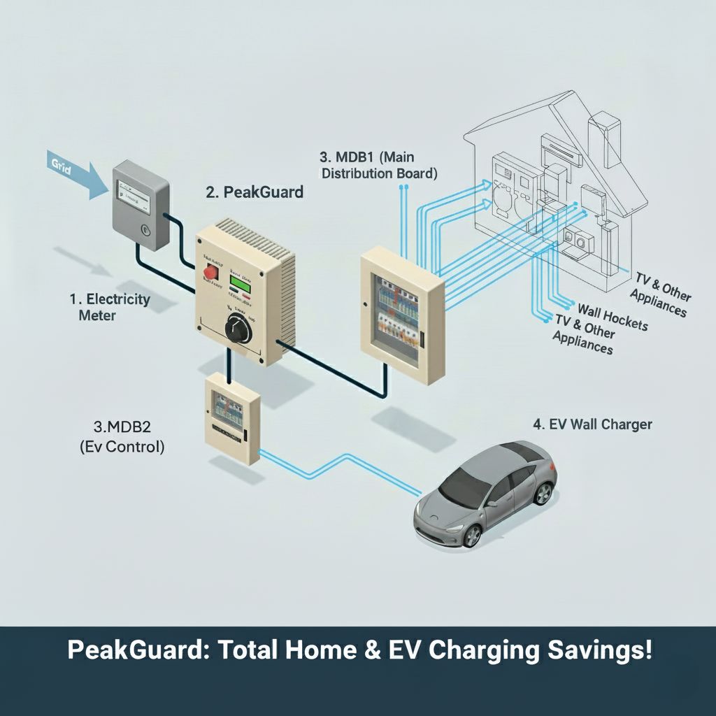 แผนภาพการทำงาน PeakGuard - ประหยัดไฟทั้งบ้านและที่ชาร์จ EV